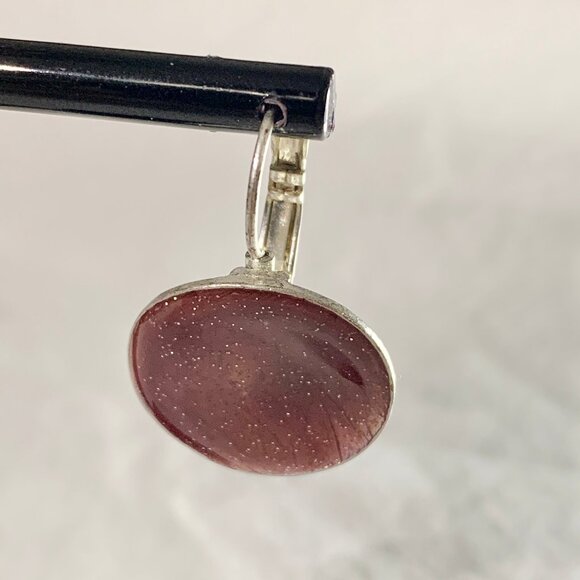 Sparkling Red Brown Goldstone Dangle Earrings Silver Tone Teardrop Lever Back - Picture 2 of 5